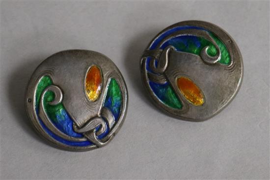 A pair of Edwardian Art Nouveau Liberty & Co Cymric silver and enamel buttons, Birmingham, 1904, 33mm.